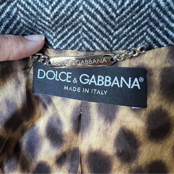 Dolce & Gabbana Herringbone Tweed Jacket with Leopard Print Lining Sz 48 - Picture 7 of 8